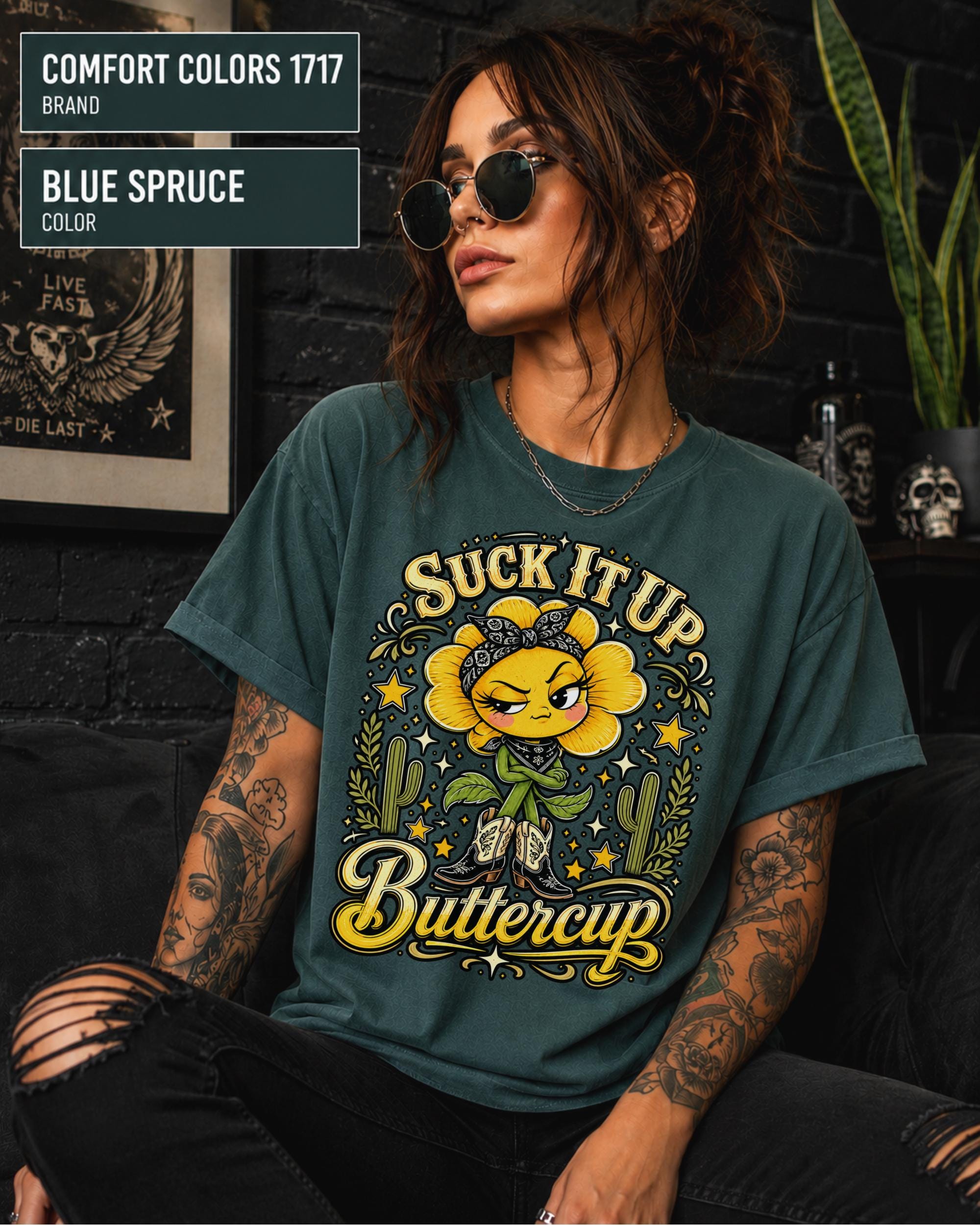 Country concert outfit shirt with sassy flower character, cowboy boots, and cactus artwork.