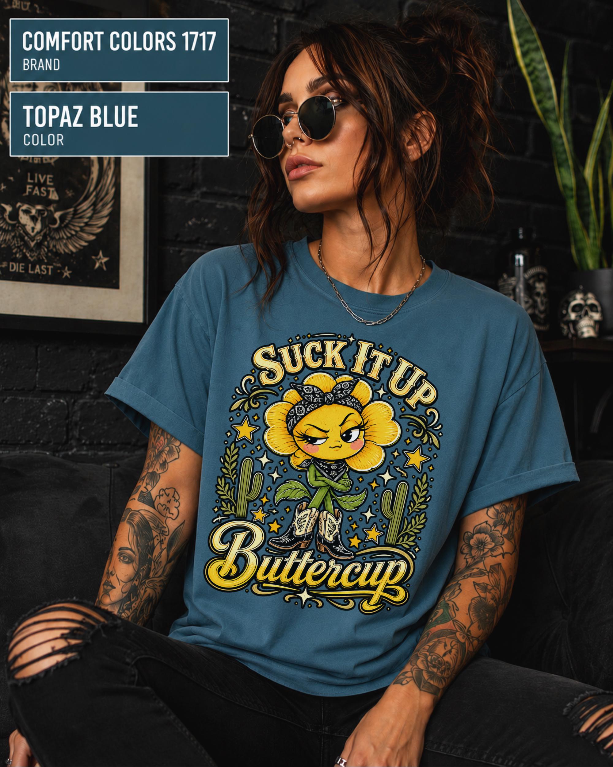 Western themed Buttercup shirt featuring yellow floral artwork, stars, cactus, and bold lettering.