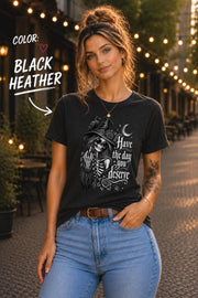 Gothic graphic shirt featuring celestial moon imagery, roses, skeleton bones, and ornate lettering.