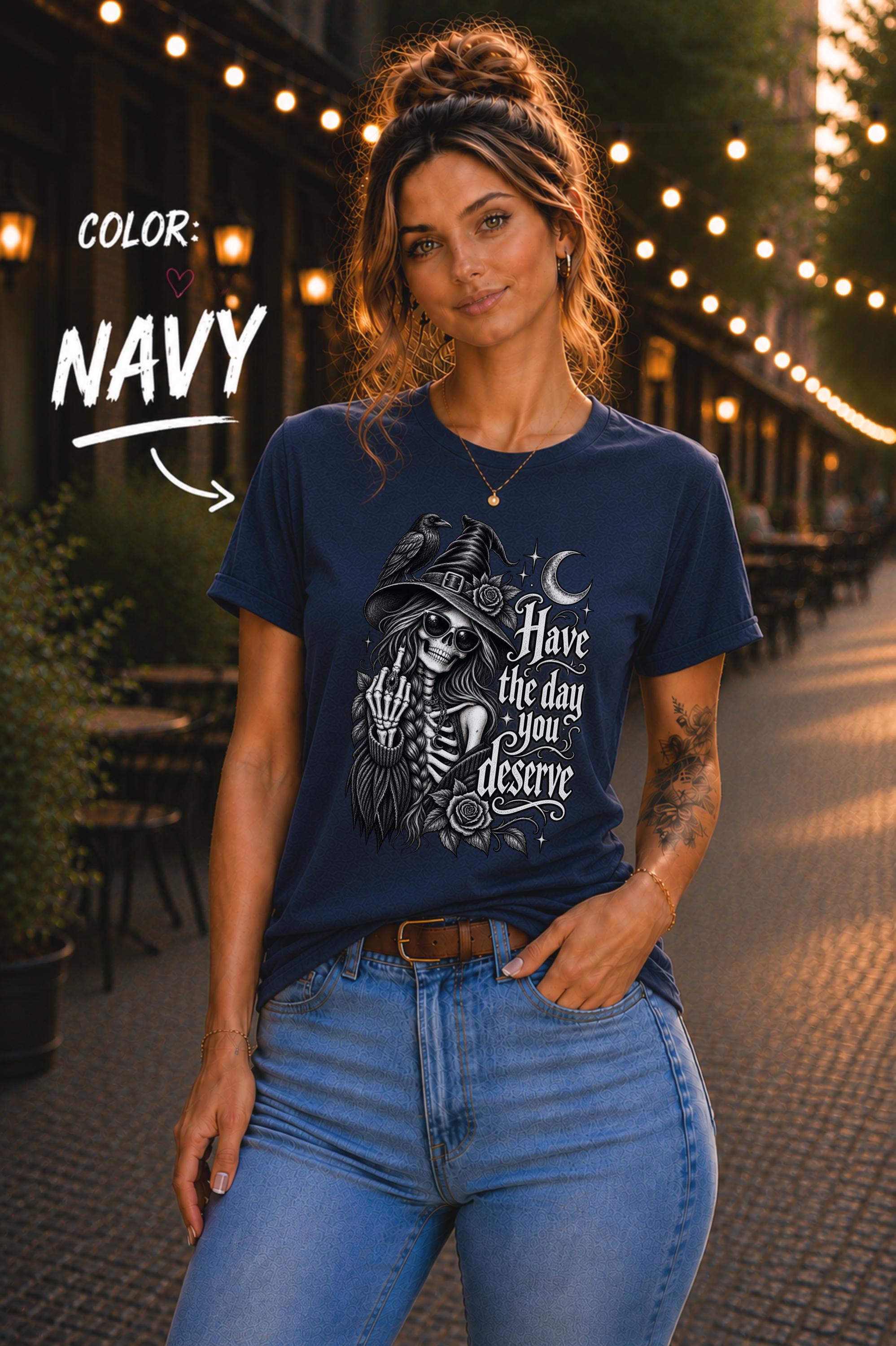 Dark aesthetic graphic tee featuring raven, skeleton woman, crescent moon, flowers, and celestial stars.