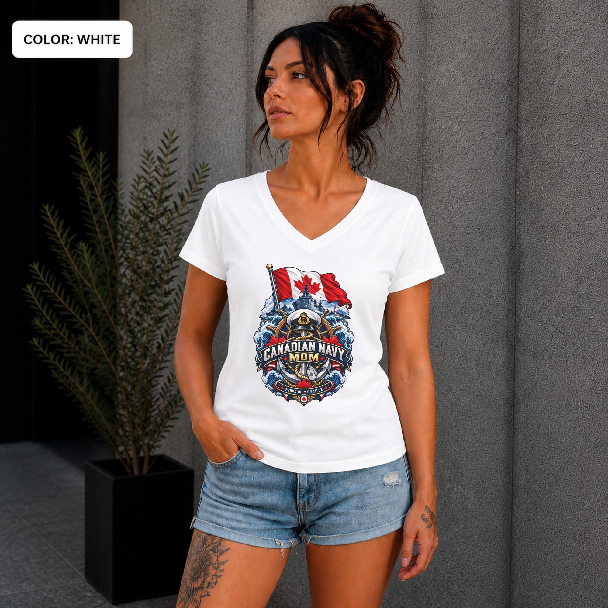 Canadian Navy Mom shirt with Proud of My Sailor wording and detailed military family graphic.