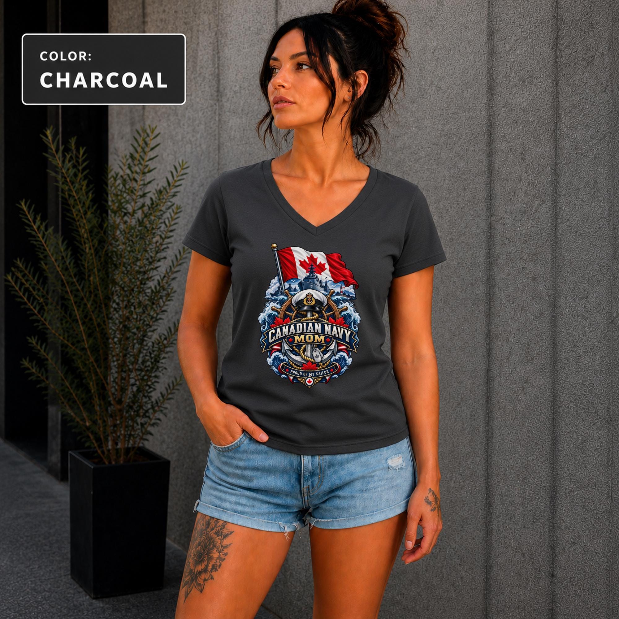 Charcoal military parent tee featuring Canadian flag, sailor hat, naval imagery, and red white blue details.