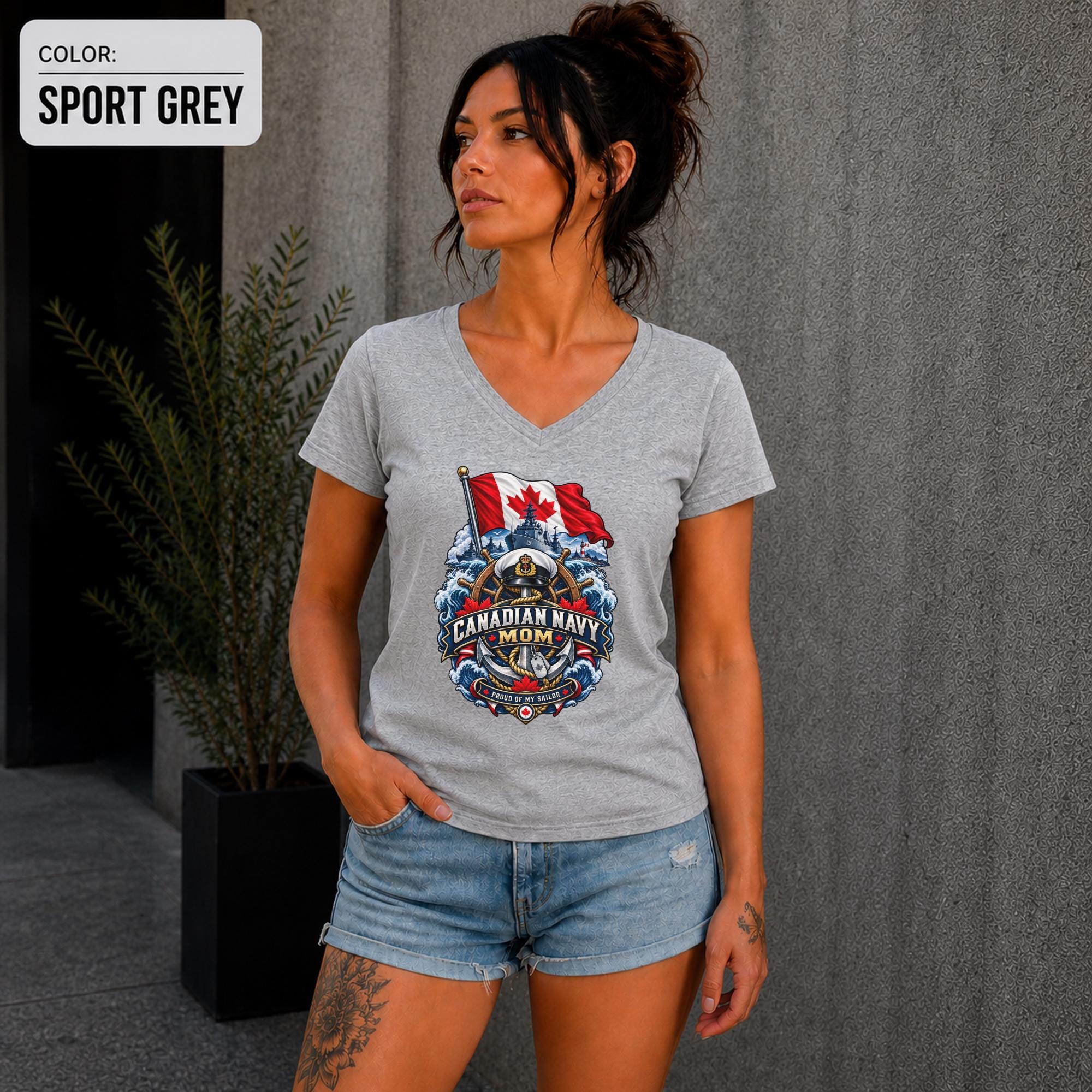 Proud sailor mom gift shirt with ocean waves, Canada maple leaf accents, and Navy inspired artwork.