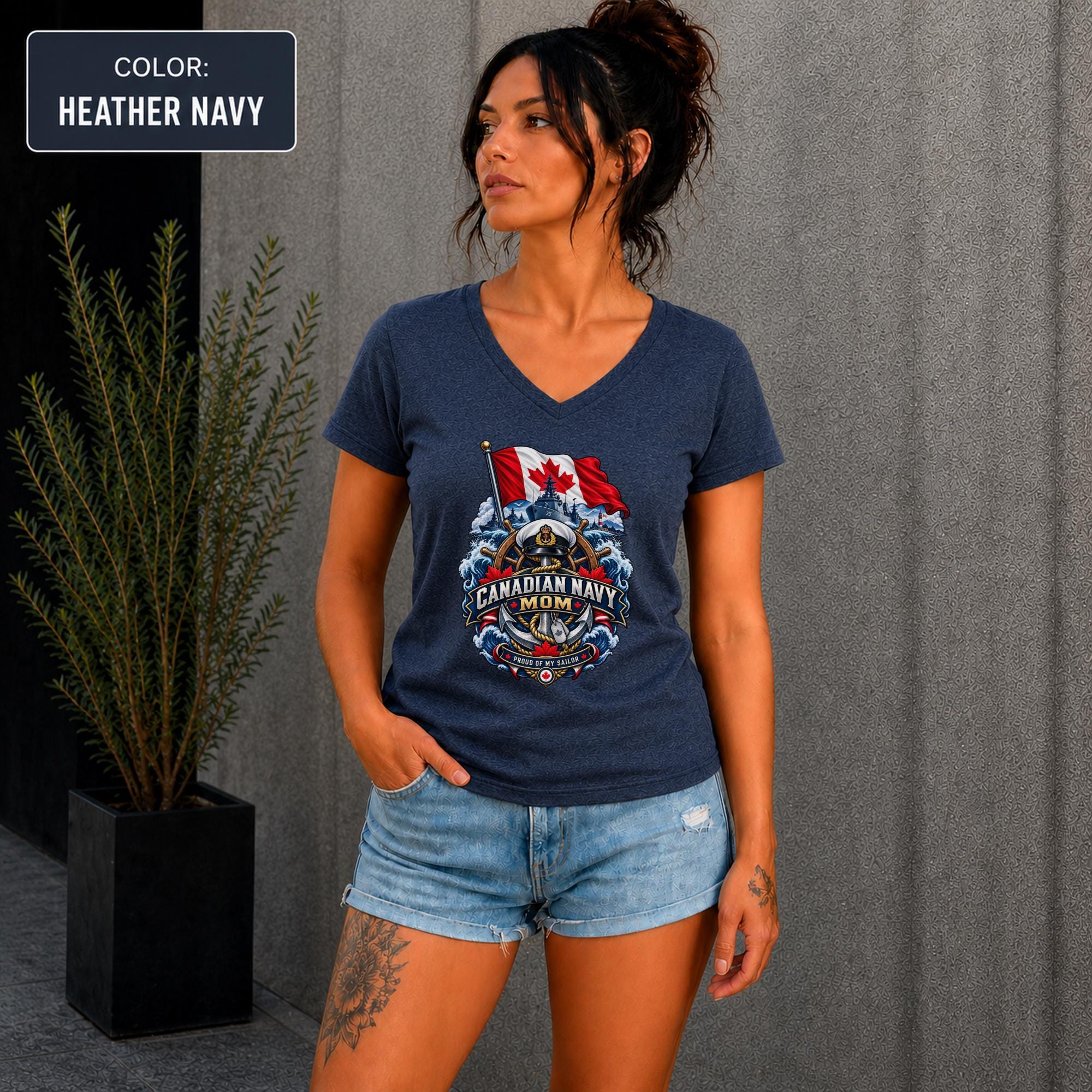 Canadian military mom V-neck featuring ship imagery, anchor details, waves, and national flag.