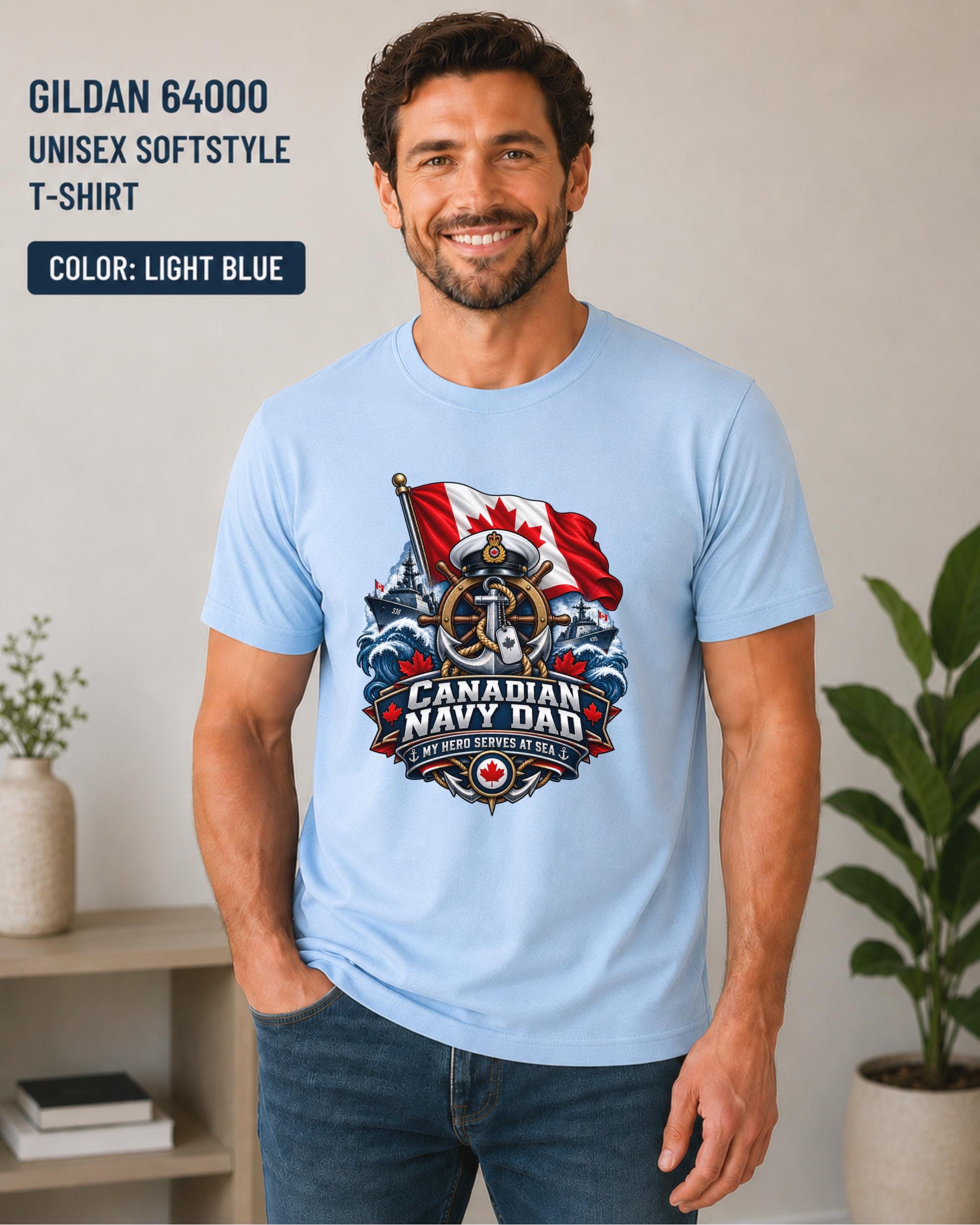 Canadian Navy Dad graphic tee featuring My Hero Serves at Sea wording and red maple leaf details.