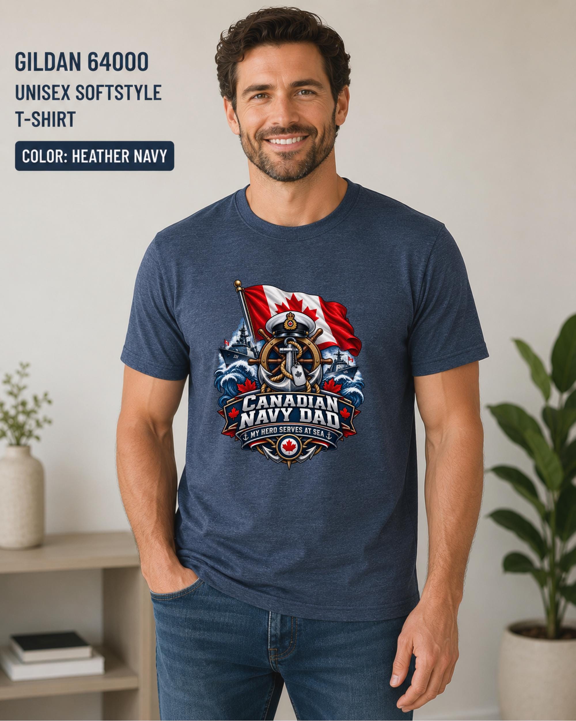 Canadian sailor dad tee with My Hero Serves at Sea message on Heather Navy fabric.