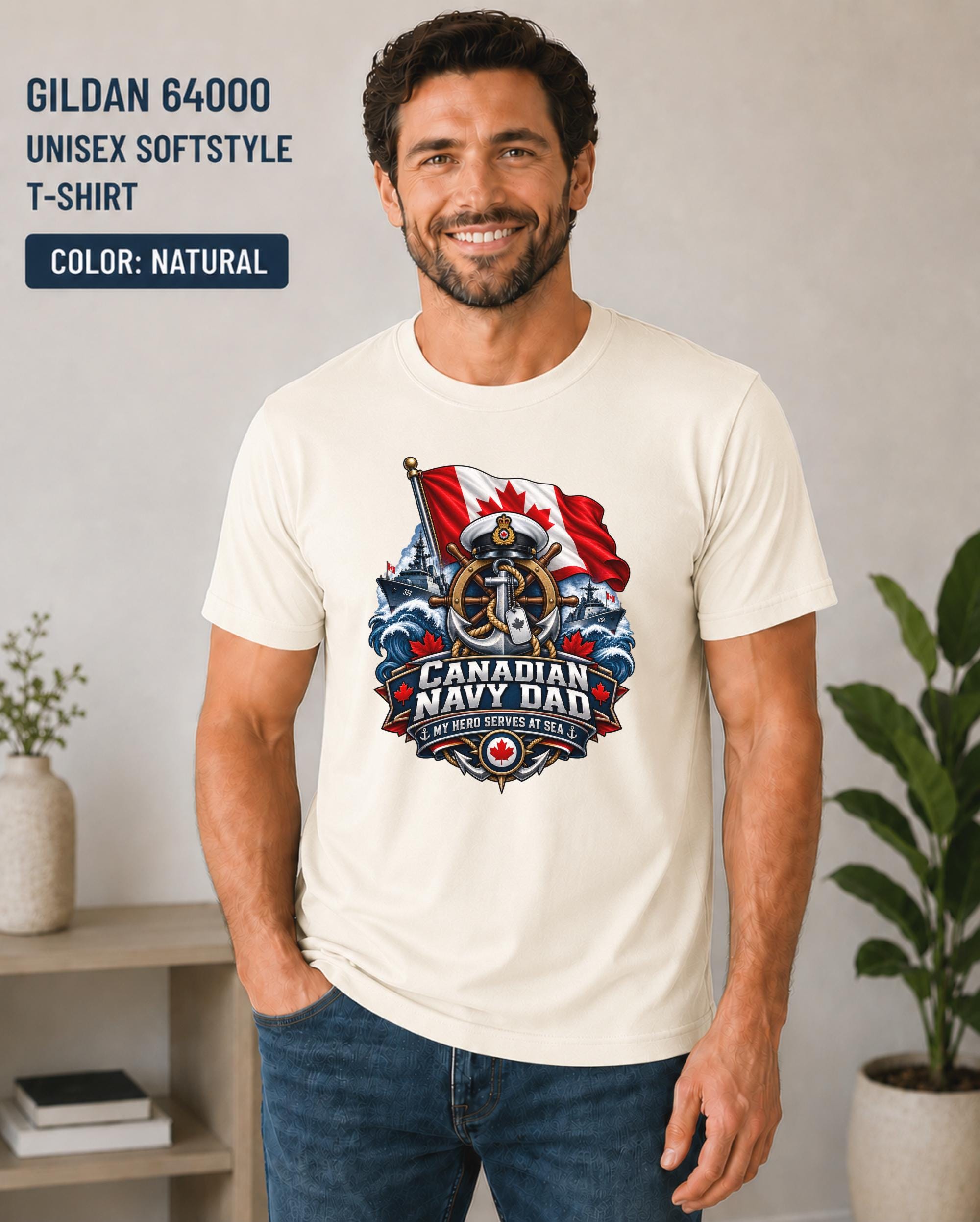 Canadian military parent shirt featuring ship wheel, anchor, naval hat, and flag imagery.