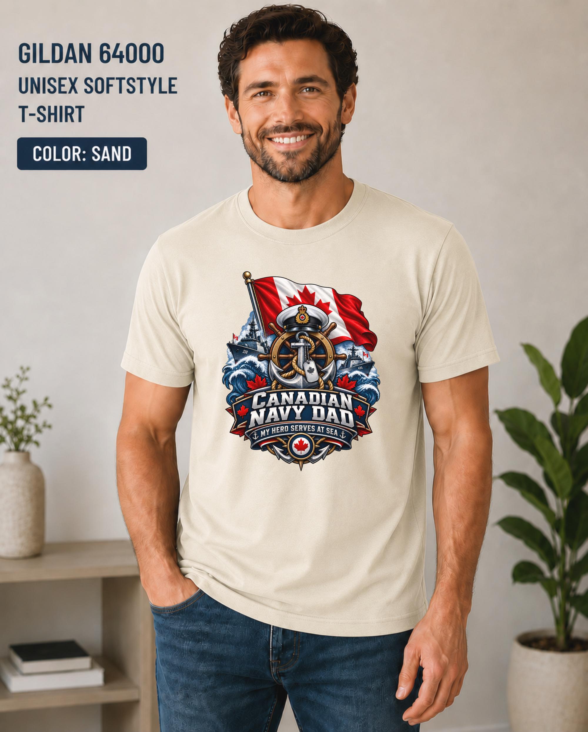 Canadian military parent shirt featuring ship wheel, anchor, naval hat, and flag imagery.