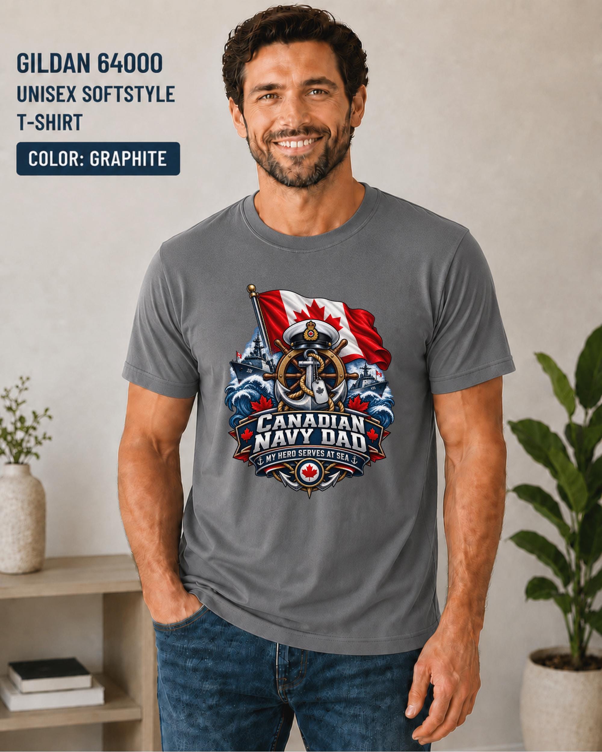 Proud Navy Dad gift tee shown in Graphitel with detailed maritime artwork.