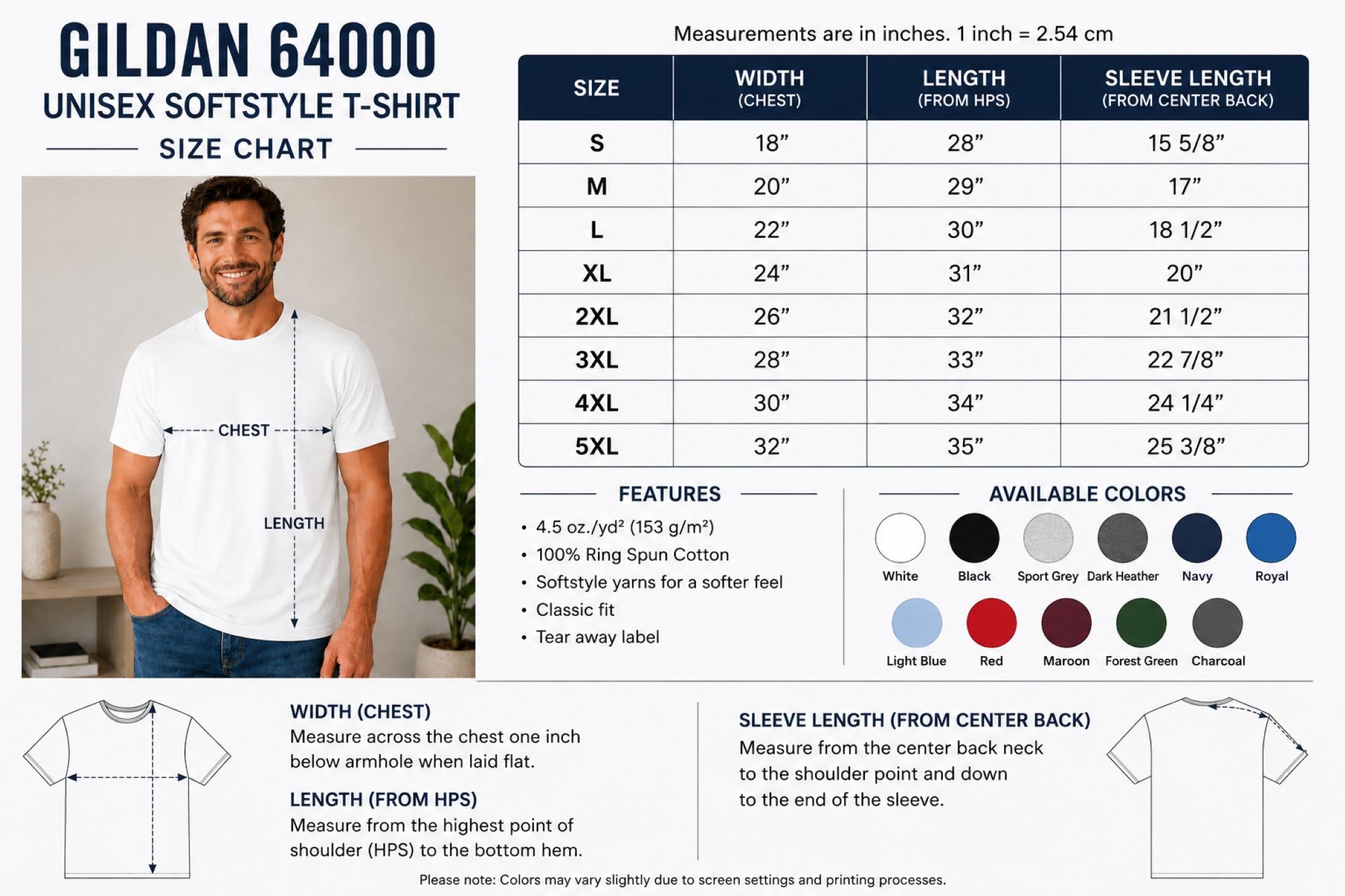 Size chart Gildan 64000 military graphic tee for proud Canadian Navy fathers.