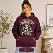 Female model in a maroon Gildan 18500 heavy blend hoodie with smooth blank front, cozy fit, and maroon color name.