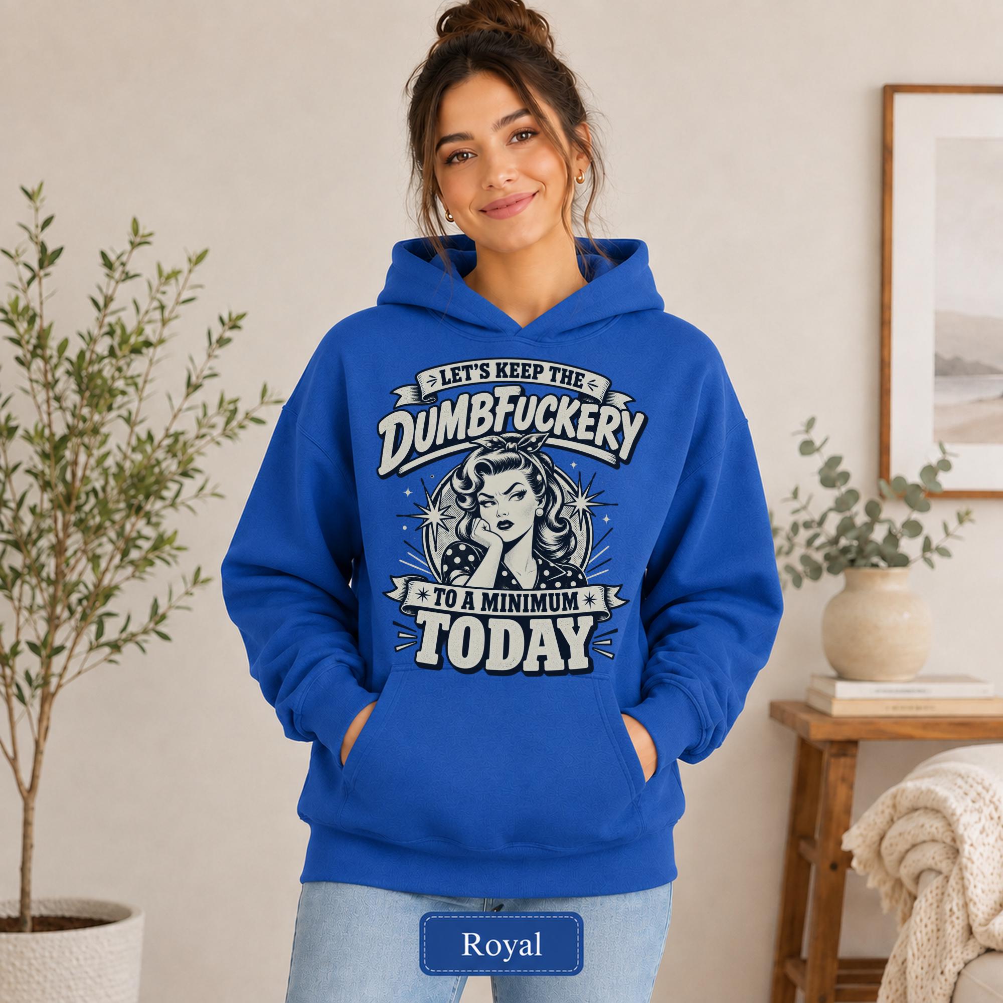 Woman wearing a royal blue Gildan 18500 hoodie with smooth printable front, relaxed fit, kangaroo pocket, and royal color label.
