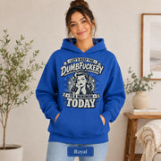 Woman wearing a royal blue Gildan 18500 hoodie with smooth printable front, relaxed fit, kangaroo pocket, and royal color label.