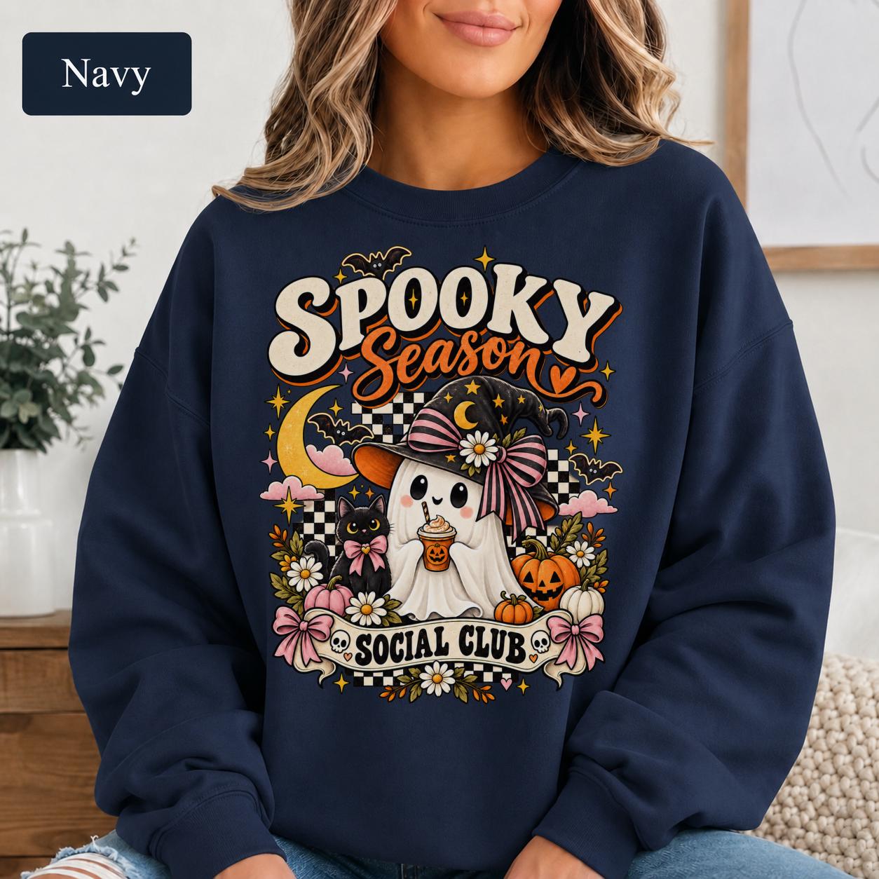 Retro Halloween sweatshirt featuring crescent moon, stars, bats, checkerboard details, and jack-o-lanterns.