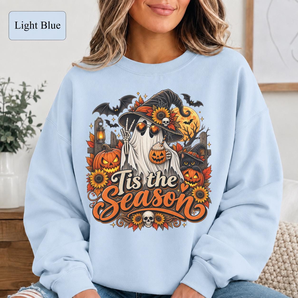 Witchy fall shirt featuring orange Tis the Season lettering and detailed ghost artwork.