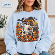 Witchy fall shirt featuring orange Tis the Season lettering and detailed ghost artwork.