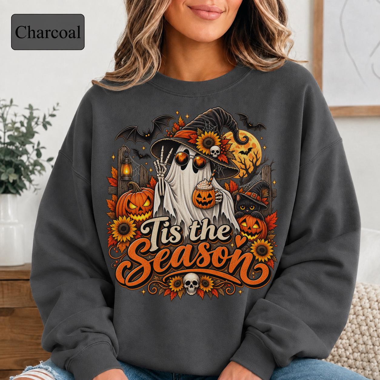 Spooky autumn sweatshirt featuring a witch hat ghost wearing sunglasses and holding a jack-o-lantern cup.