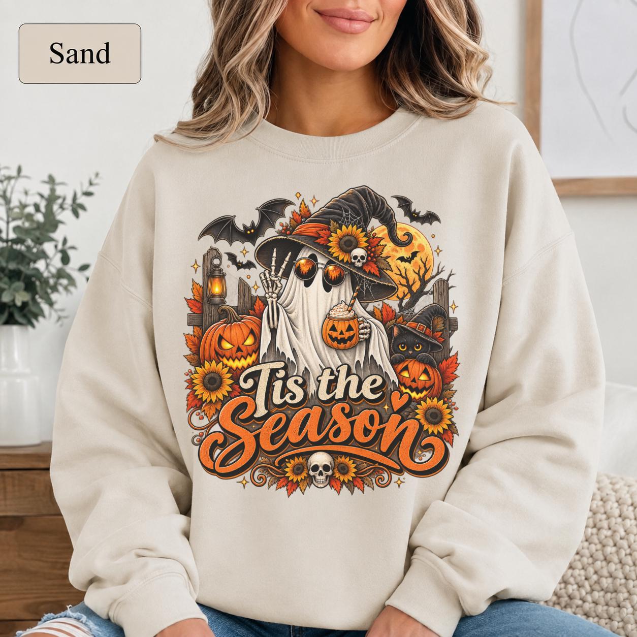 Halloween gift sweatshirt featuring bats, skull details, autumn foliage, lantern, and seasonal typography.