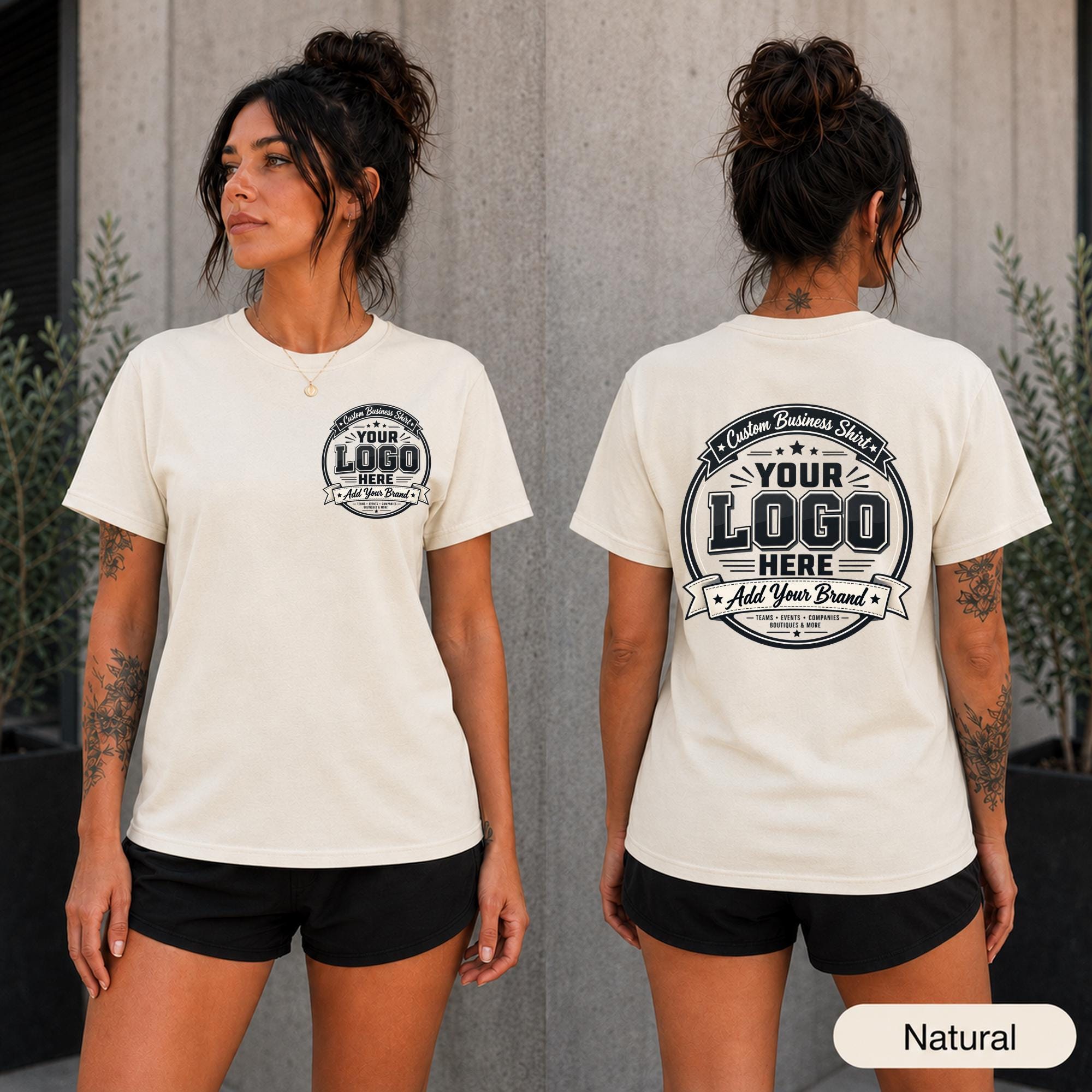 Personalized company uniform tee in Ice Grey with front and back branding options.