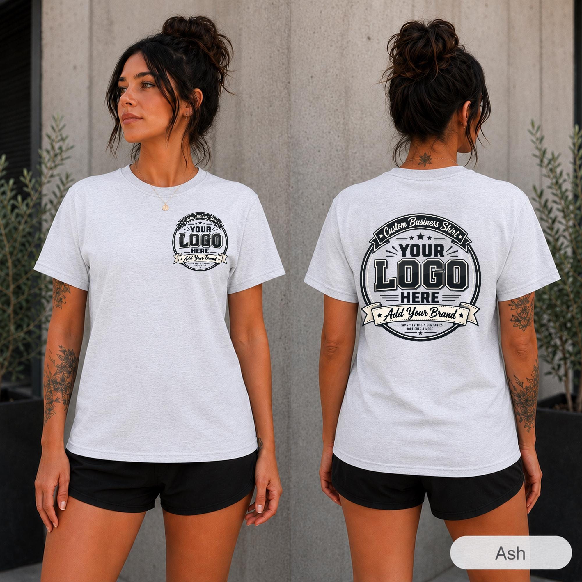 Business staff shirt mockup showing small chest logo placement and oversized back print.