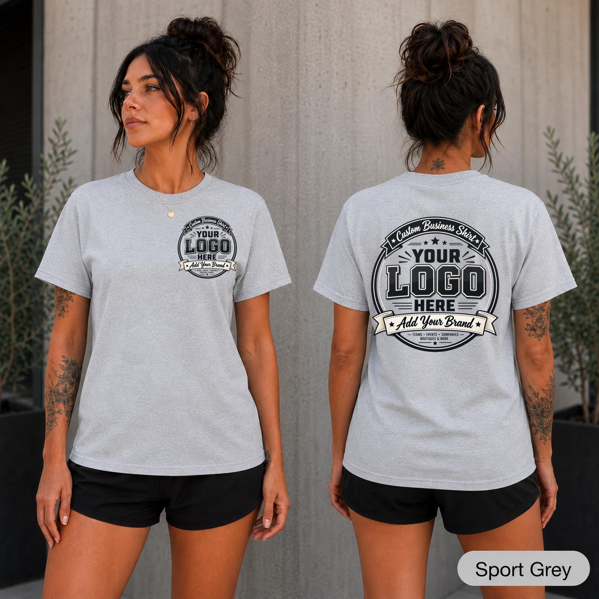 Front and back custom workwear shirt featuring personalized business branding.