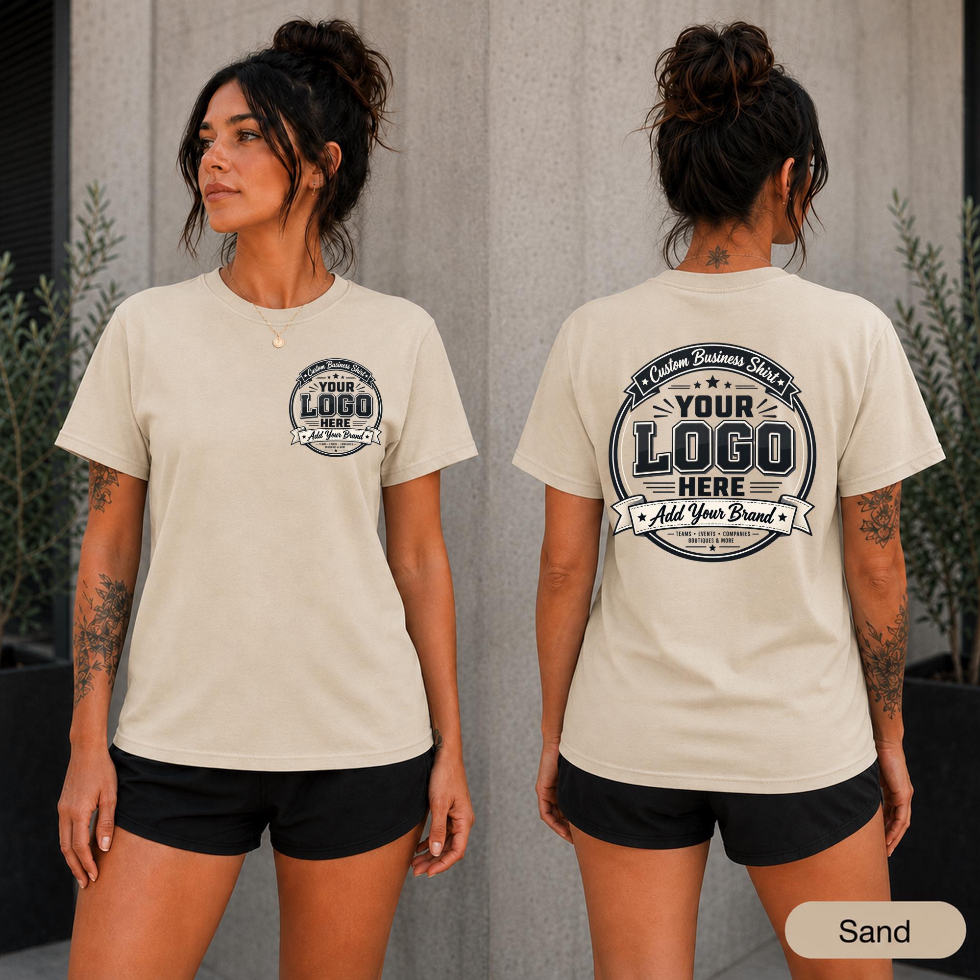 Custom company work shirt for employees with personalized front chest and large back artwork.