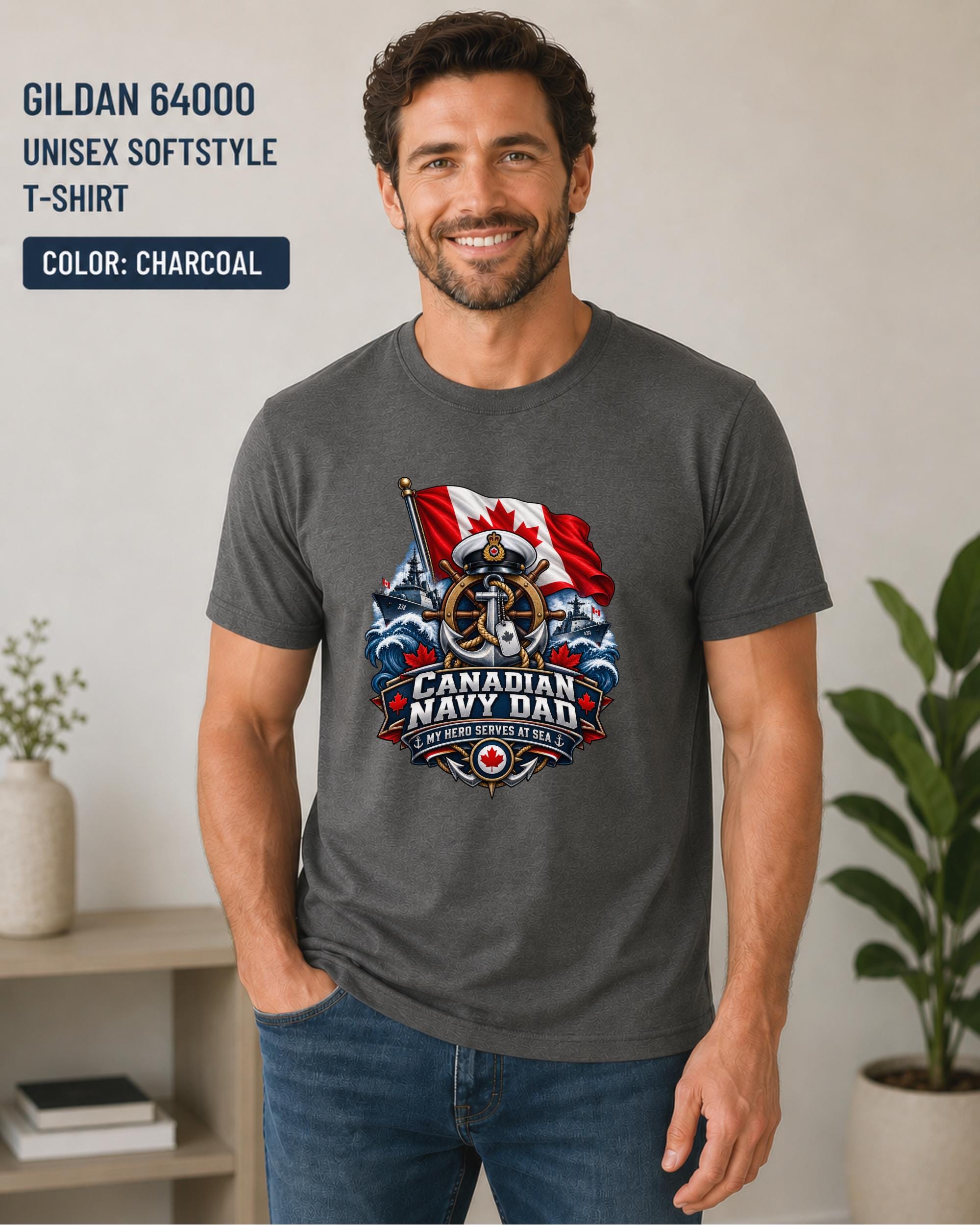 Man wearing a Charcoal Gildan 64000 Canadian Navy Dad shirt with flag, ships, anchor, and ocean wave artwork.