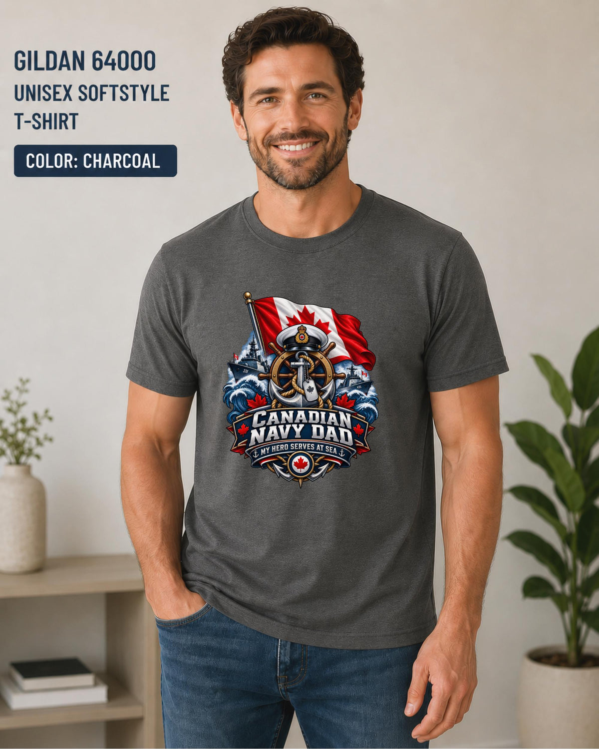 Man wearing a Charcoal Gildan 64000 Canadian Navy Dad shirt with flag, ships, anchor, and ocean wave artwork.