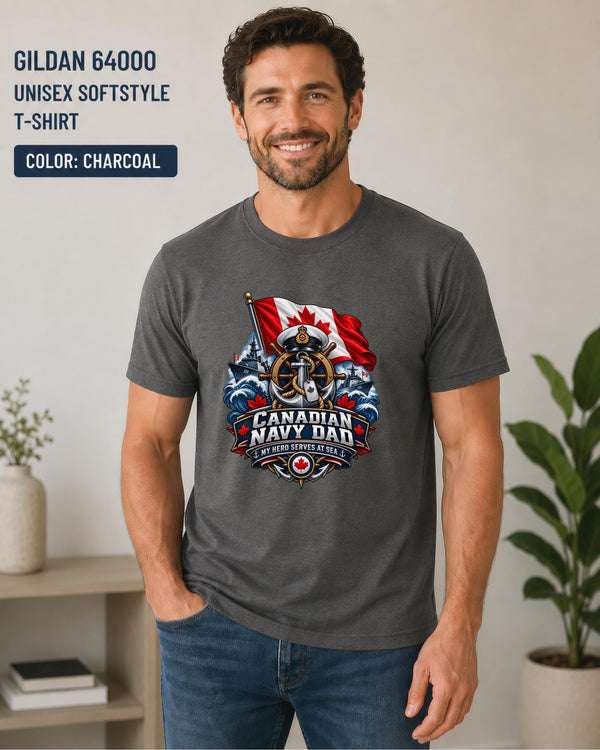 Man wearing a Charcoal Gildan 64000 Canadian Navy Dad shirt with flag, ships, anchor, and ocean wave artwork.