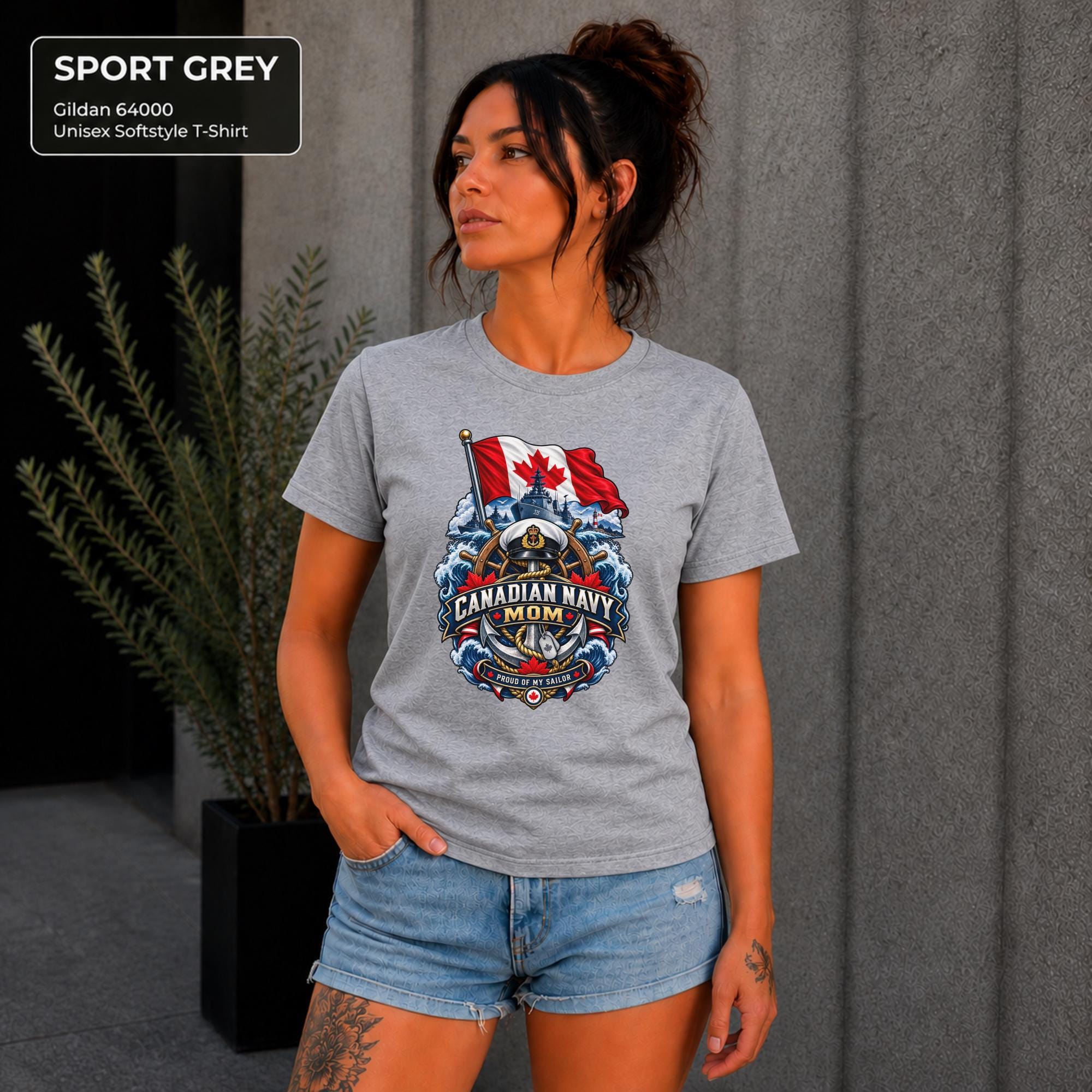 Canadian Navy Mom sport grey Gildan 64000 T-shirt with Canadian flag, naval ship, anchor, ocean waves, and Proud of My Sailor graphic.