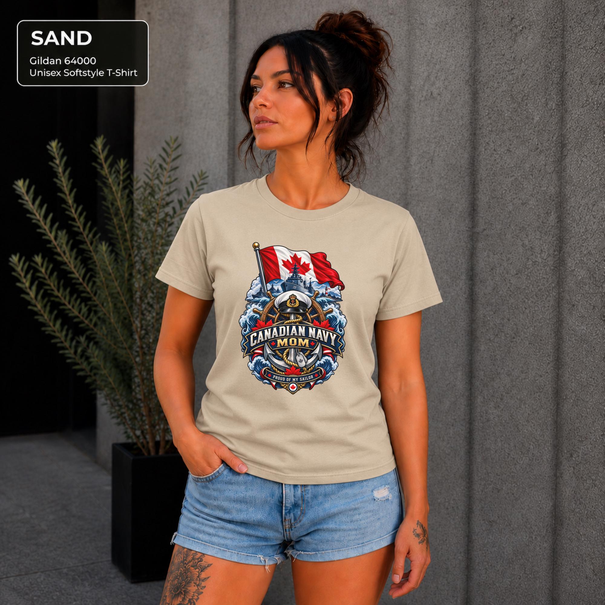 Canadian Navy Mom Sand Gildan 64000 T-shirt with Canadian flag, naval ship, anchor, ocean waves, and Proud of My Sailor graphic.