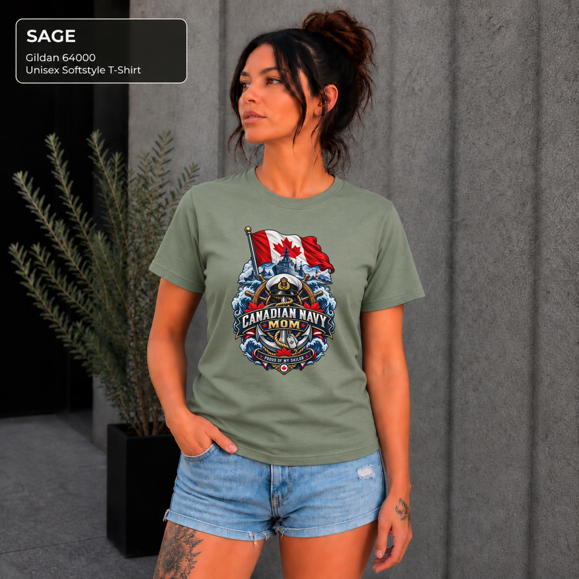 Canadian Navy Mom sage Gildan 64000 T-shirt with Canadian flag, naval ship, anchor, ocean waves, and Proud of My Sailor graphic.