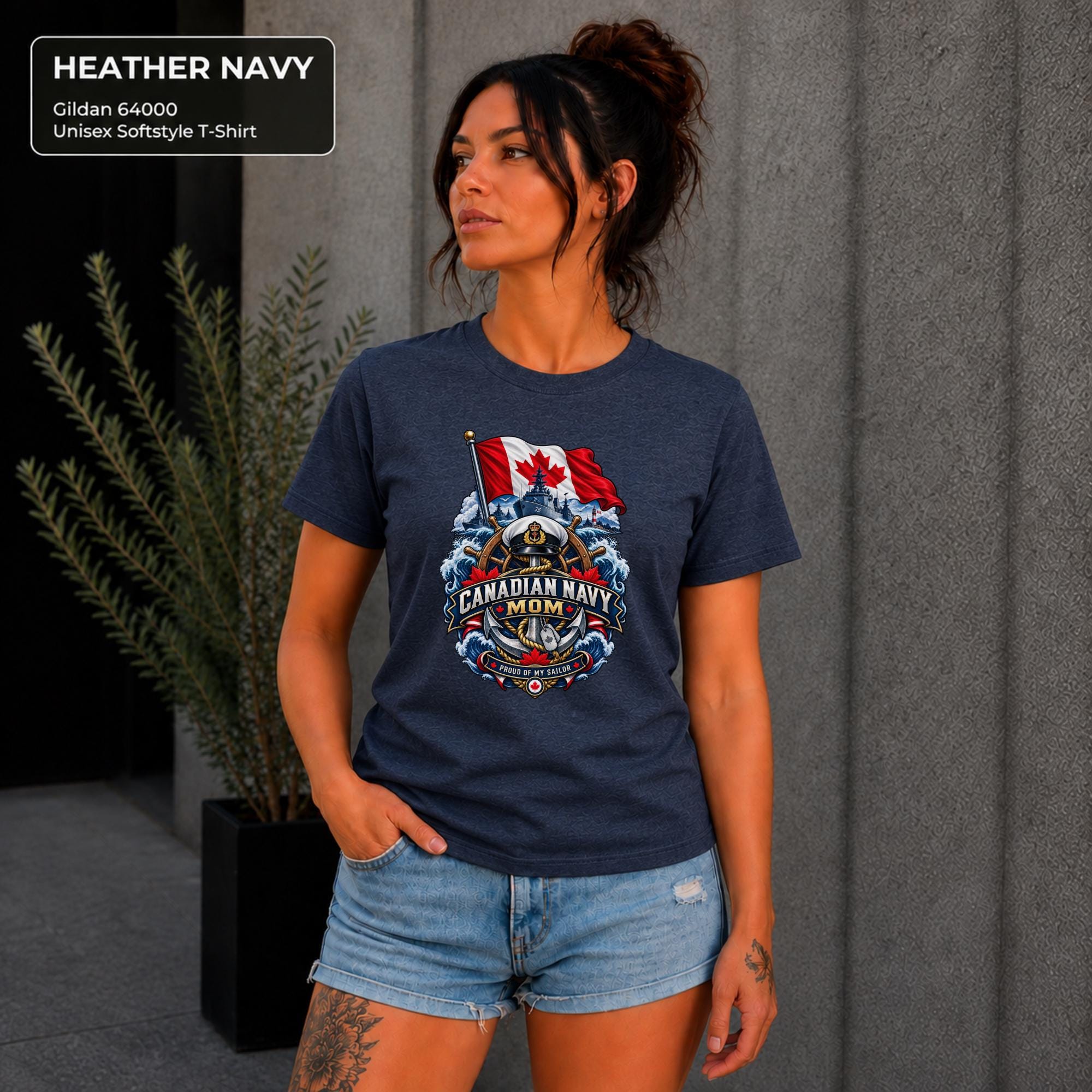Canadian Navy Mom heather navy Gildan 64000 T-shirt with Canadian flag, naval ship, anchor, ocean waves, and Proud of My Sailor graphic.