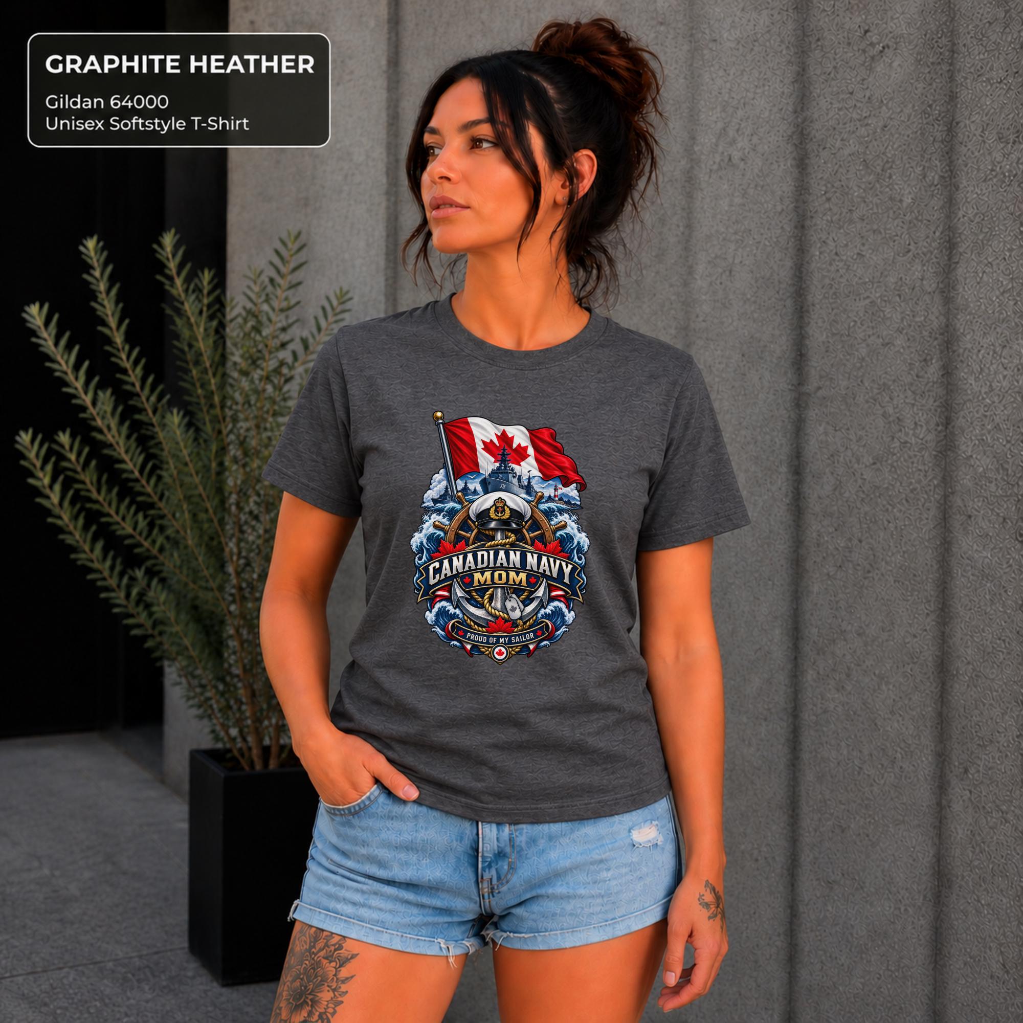 Canadian Navy Mom graphite heather Gildan 64000 T-shirt with Canadian flag, naval ship, anchor, ocean waves, and Proud of My Sailor graphic.