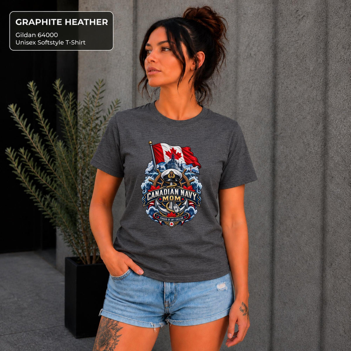 Canadian Navy Mom graphite heather Gildan 64000 T-shirt with Canadian flag, naval ship, anchor, ocean waves, and Proud of My Sailor graphic.