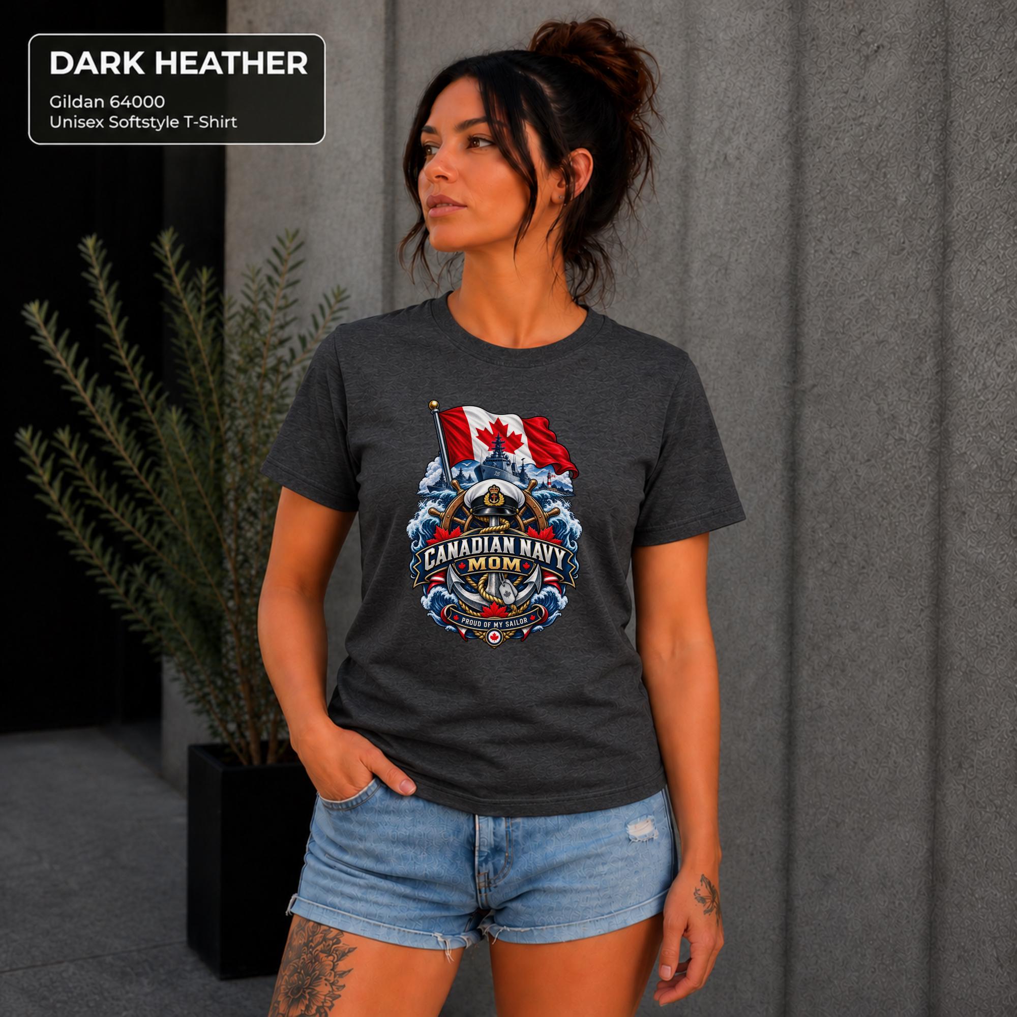 Canadian Navy Mom dark heather Gildan 64000 T-shirt with Canadian flag, naval ship, anchor, ocean waves, and Proud of My Sailor graphic.