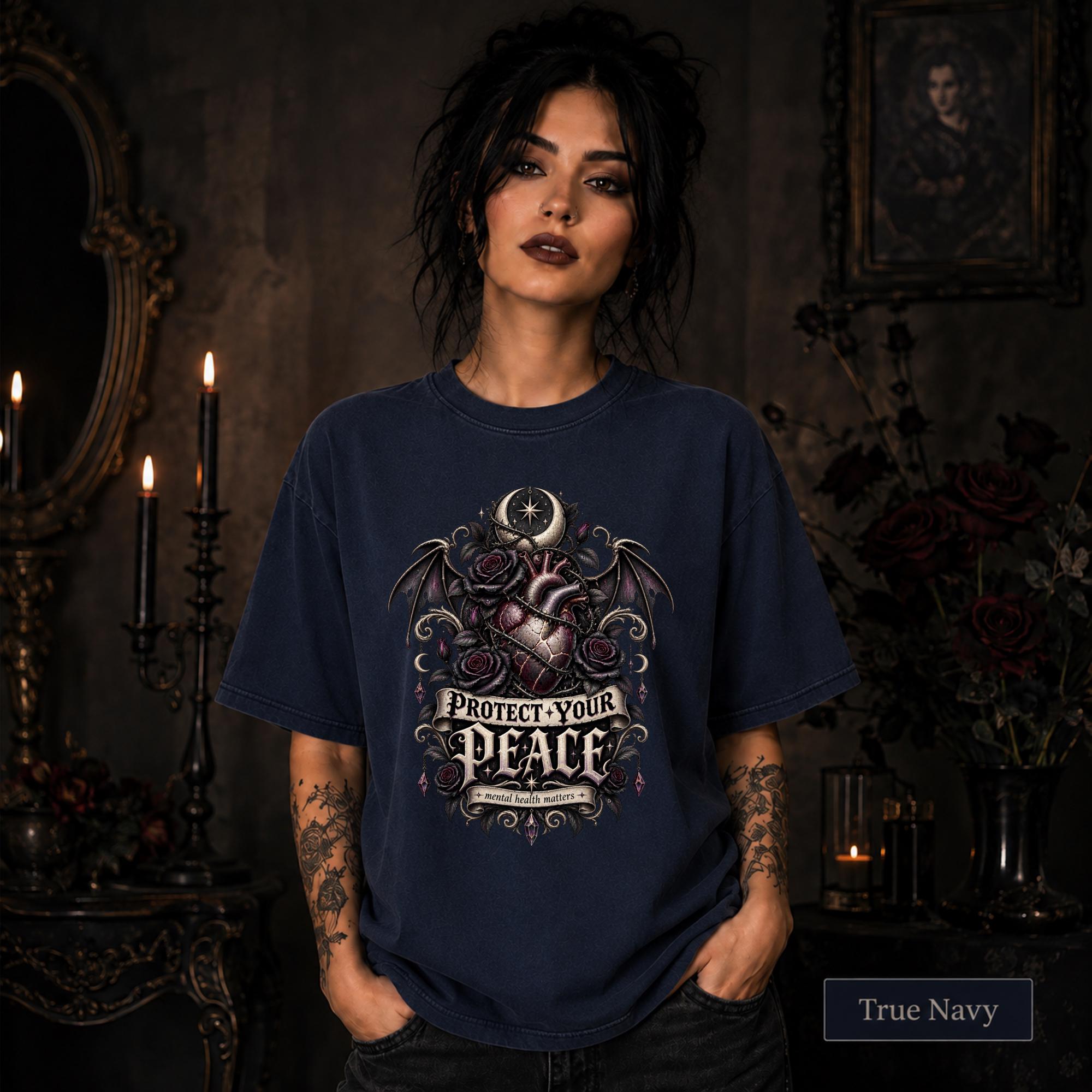 Protect Your Peace gothic true navy T-shirt featuring an anatomical heart, dark roses, bat wings, crescent moon, and mental health matters artwork.