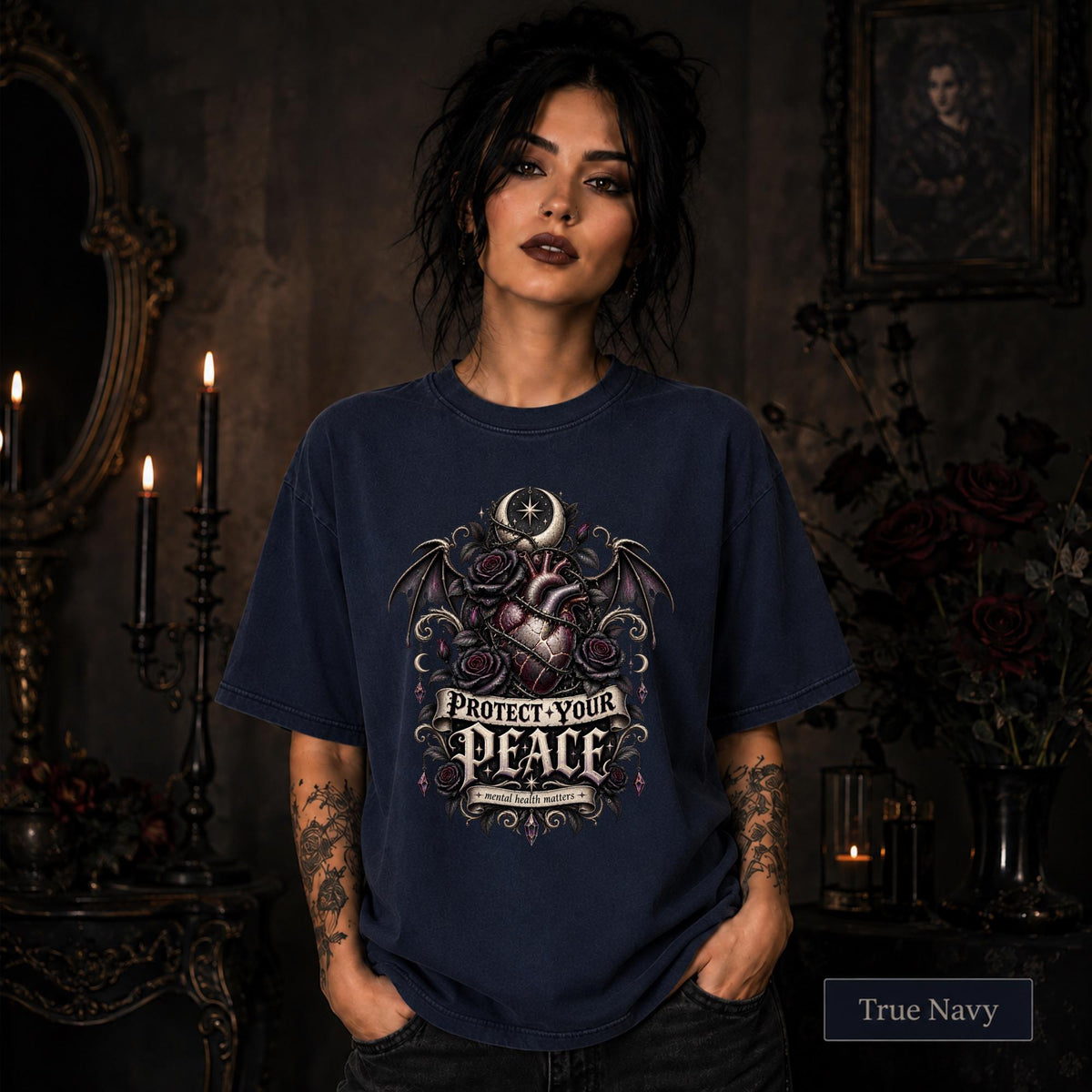 Protect Your Peace gothic true navy T-shirt featuring an anatomical heart, dark roses, bat wings, crescent moon, and mental health matters artwork.