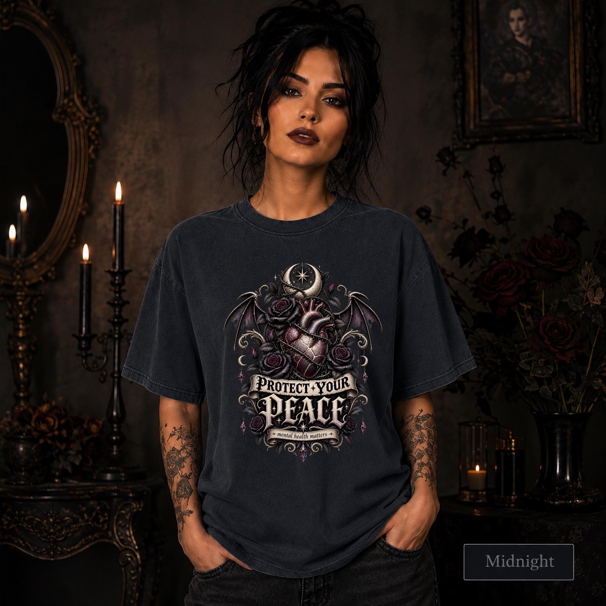Protect Your Peace gothic midnight T-shirt featuring an anatomical heart, dark roses, bat wings, crescent moon, and mental health matters artwork.