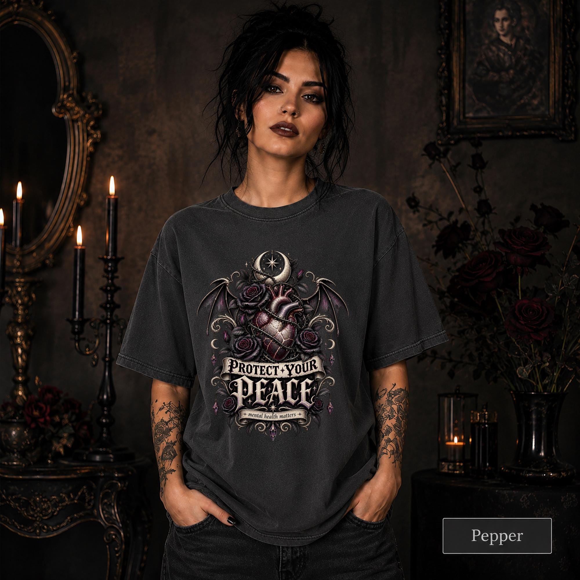 Protect Your Peace gothic pepper T-shirt featuring an anatomical heart, dark roses, bat wings, crescent moon, and mental health matters artwork.
