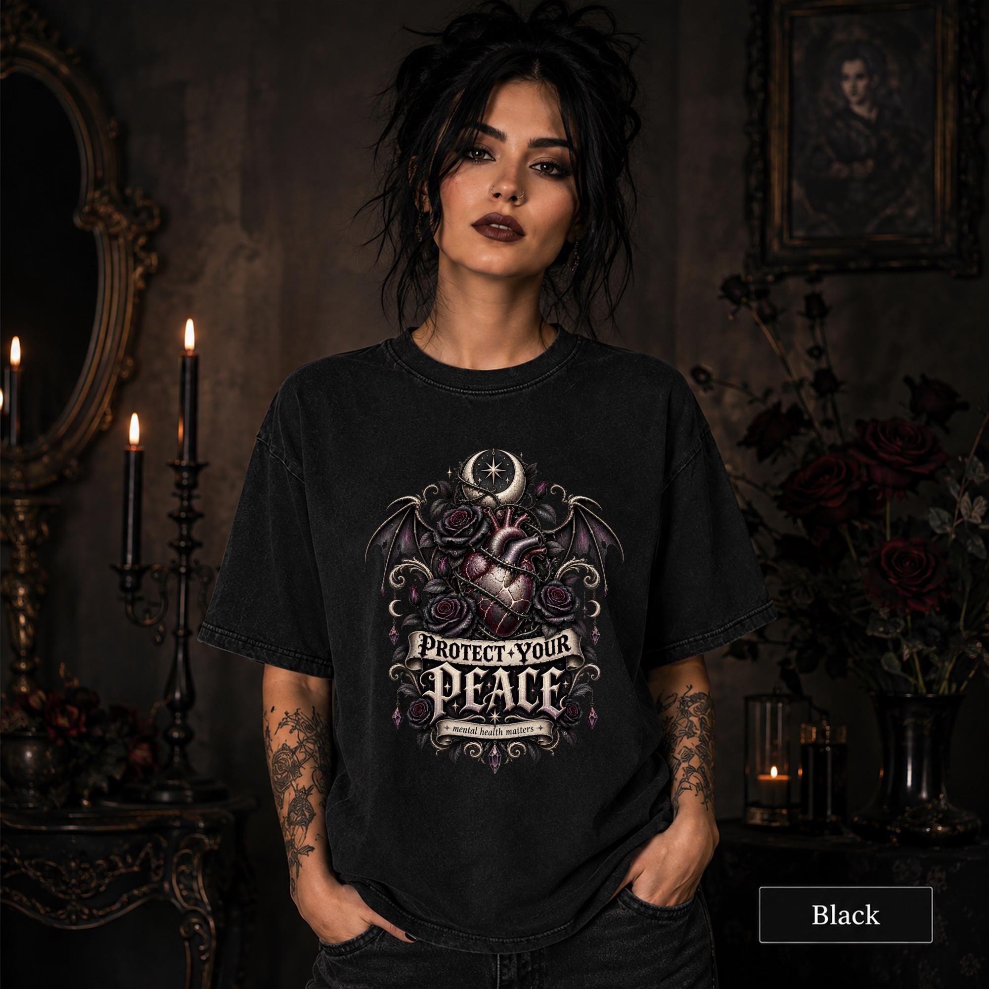 Protect Your Peace gothic black T-shirt featuring an anatomical heart, dark roses, bat wings, crescent moon, and mental health matters artwork.