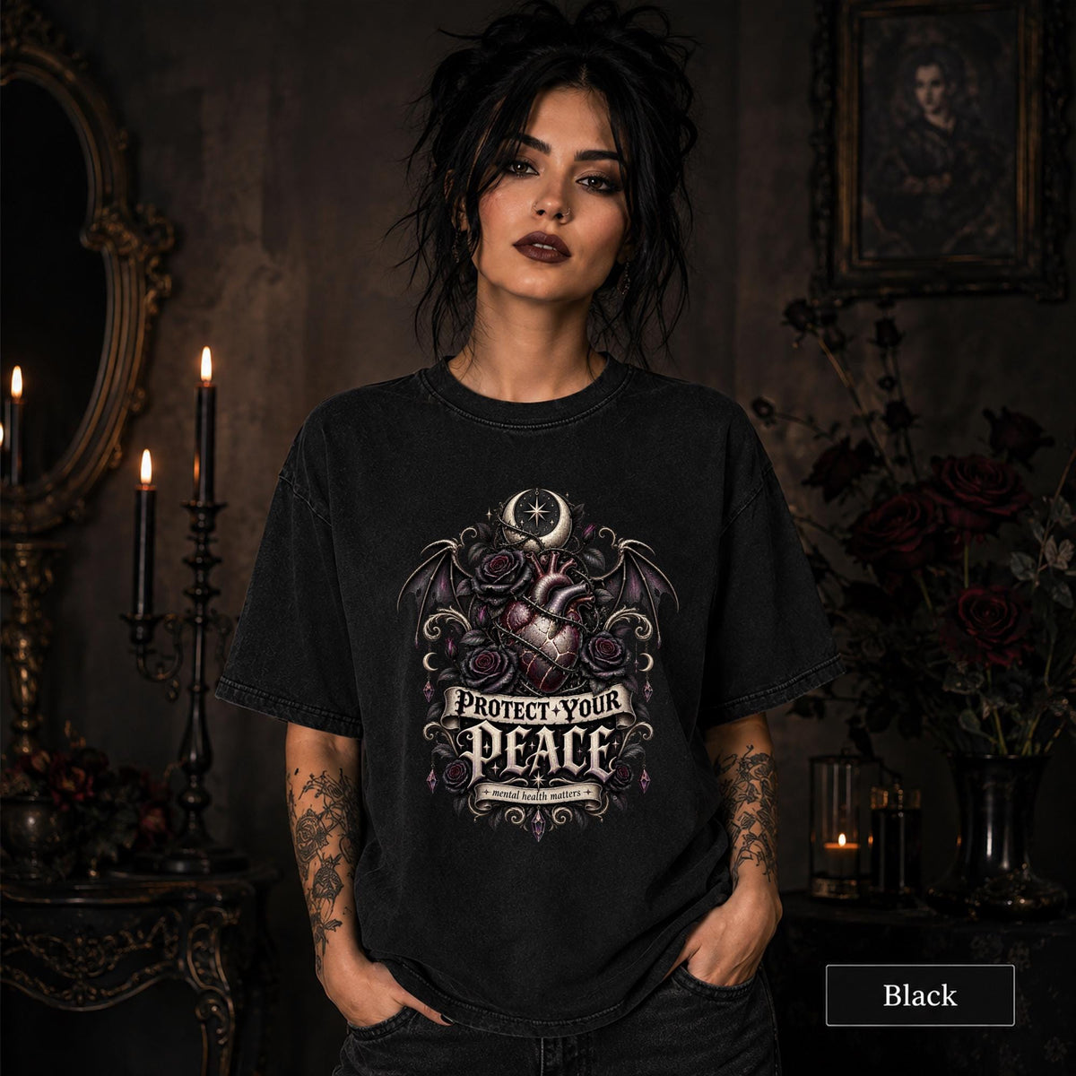 Protect Your Peace gothic black T-shirt featuring an anatomical heart, dark roses, bat wings, crescent moon, and mental health matters artwork.