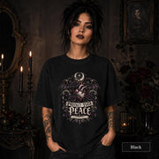 Protect Your Peace gothic black T-shirt featuring an anatomical heart, dark roses, bat wings, crescent moon, and mental health matters artwork.