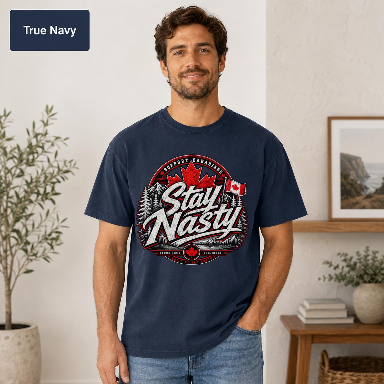 Comfort Colors 1717 shirt with Canadian flag, maple leaf, forest landscape, and True North details.