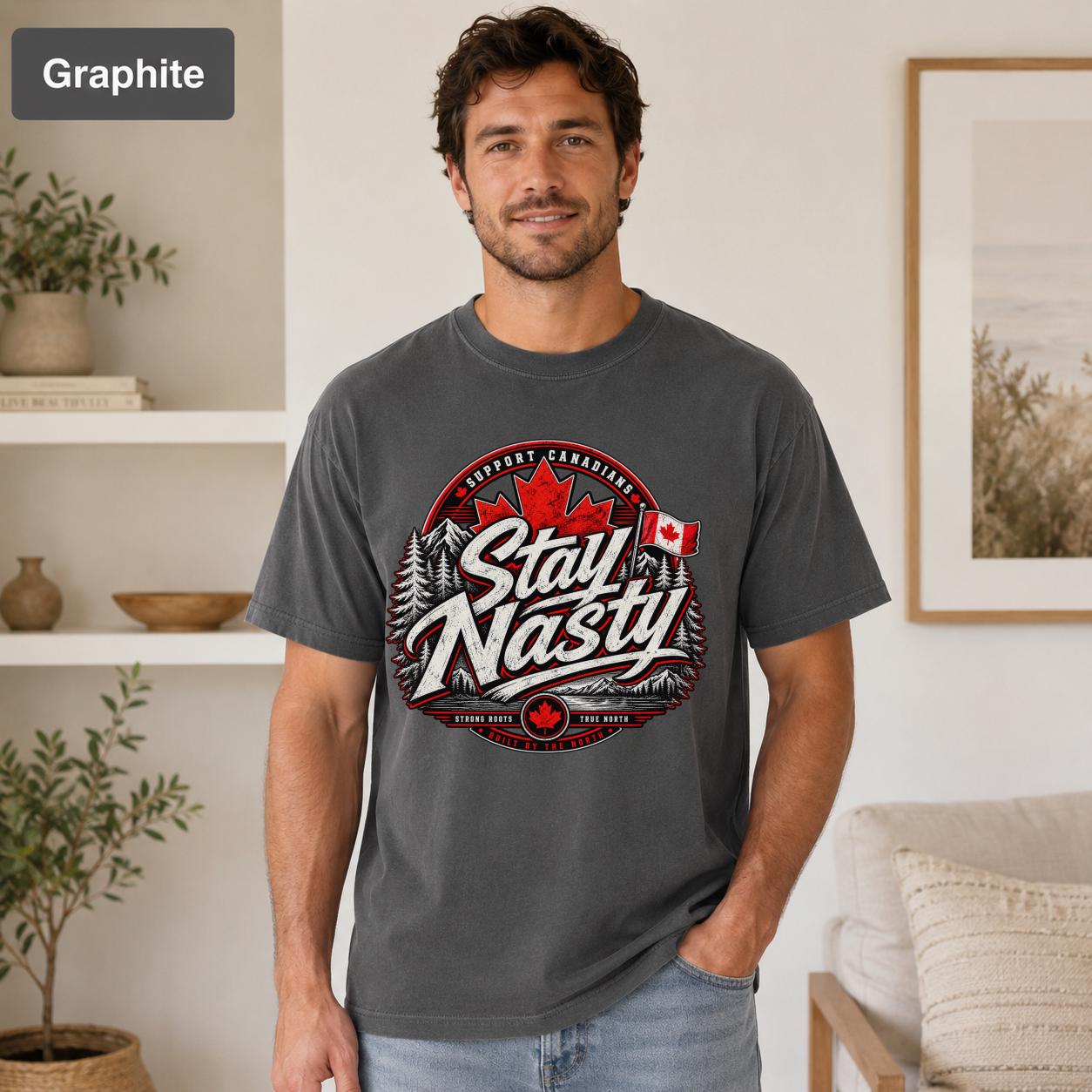Vintage-inspired Canada T-shirt with mountain scenery, evergreen trees, maple leaf, and flag artwork.