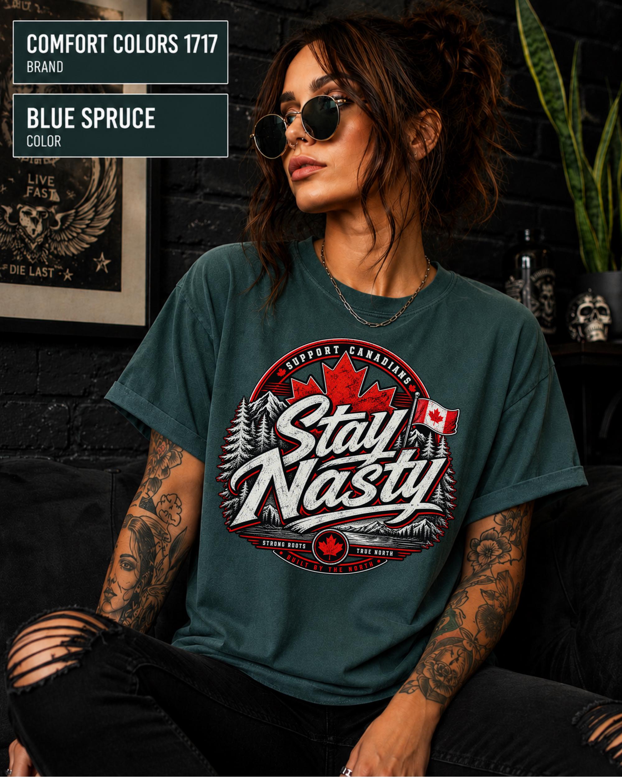 Canadian graphic shirt featuring Strong Roots, True North, and Built by the North wording.