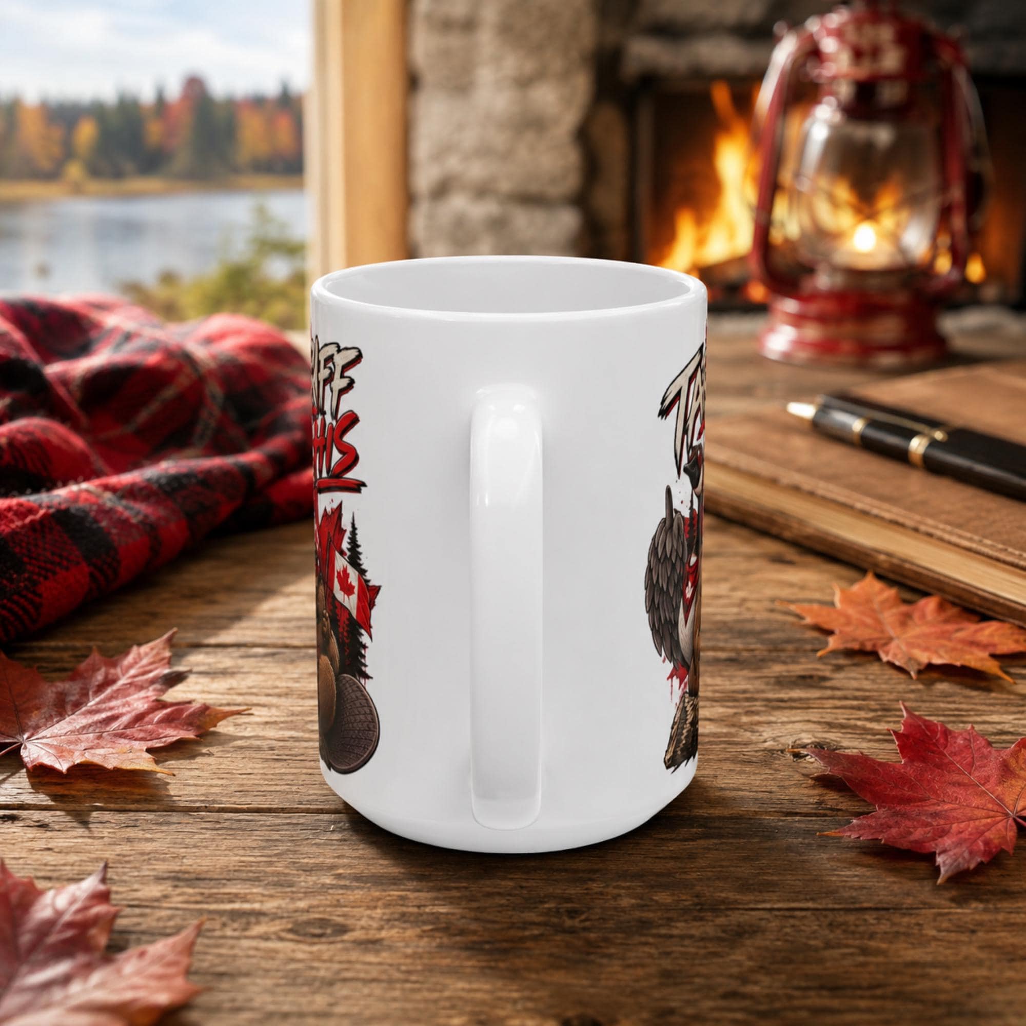 Canadian novelty coffee cup featuring humorous wildlife artwork and maple leaf details.
