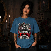 Basically a Detective topaz blue graphic T-shirt featuring a skeleton investigator, evidence board, magnifying glass, red roses, case files, and true crime artwork.