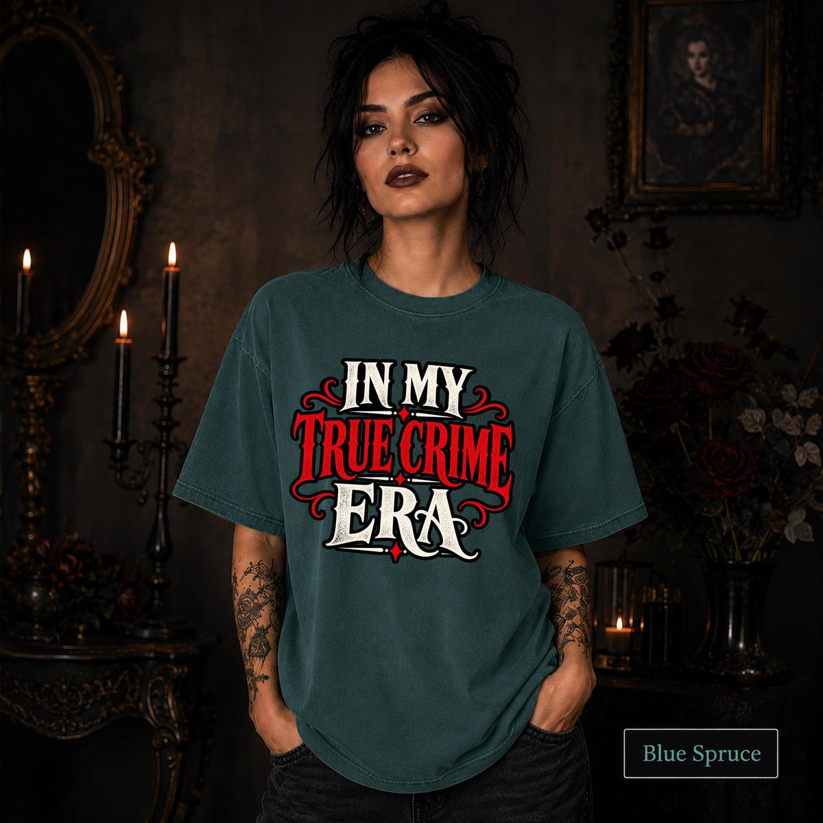In My True Crime Era blue spruce T-shirt featuring bold red and white gothic lettering in a simple true crime graphic design.