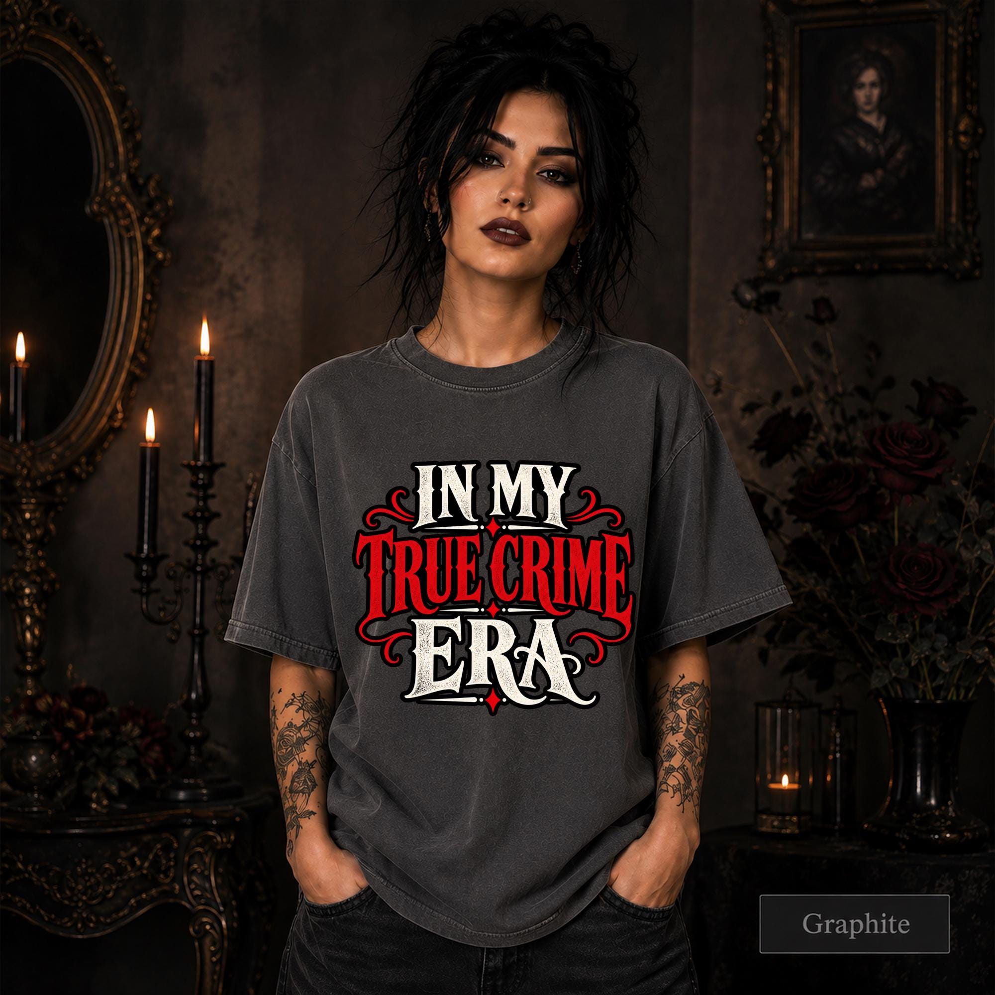 In My True Crime Era graphite T-shirt featuring bold red and white gothic lettering in a simple true crime graphic design.